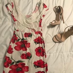 White and Red Floral Lace Open Back Dress